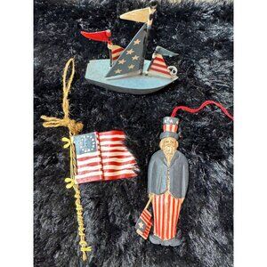 Vintage Americana Patriotic Handcrafted Wood Ornaments - Uncle Sam Flag Sailboat